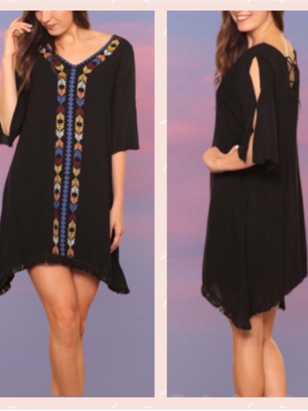 Beautiful Embroidered V-neck Fringe Dress, ♦️FULLY LINED, NEW✔️